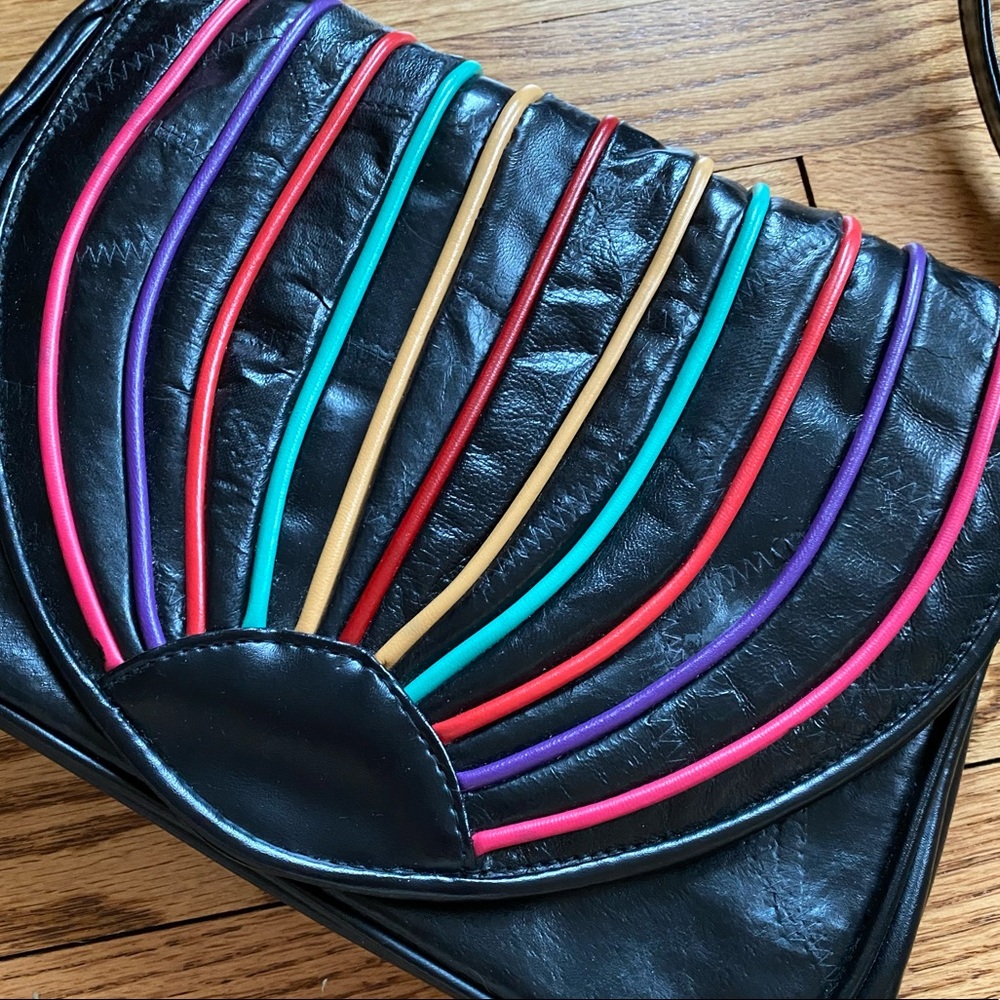Vintage Leather Rainbow Bag Colorful 80s 90s 00s Shoulder Purse - Picture 1 of 3